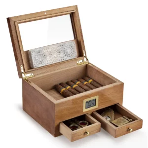 Étui marron humidificateur à cigares avec hygromètre en bois de cèdre
