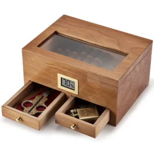 Étui marron humidificateur à cigares avec hygromètre en bois de cèdre – Image 3