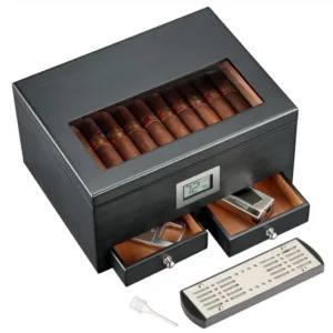Étui noir humidificateur à cigares avec hygromètre en bois de cèdre