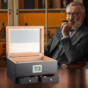 Étui noir humidificateur à cigares avec hygromètre en bois de cèdre – Image 3