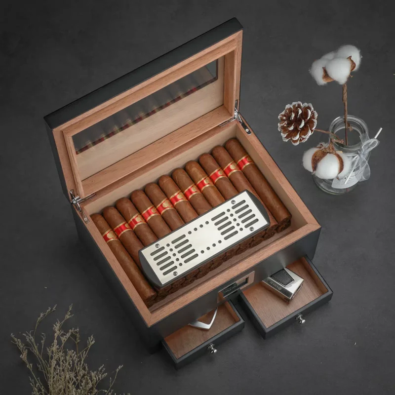 Étui noir humidificateur à cigares avec hygromètre en bois de cèdre – Image 2