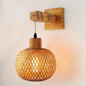 Luminaire en bois rotin tissé