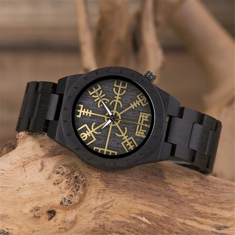 Montre en bois aiguilles lumineux noir – Image 3