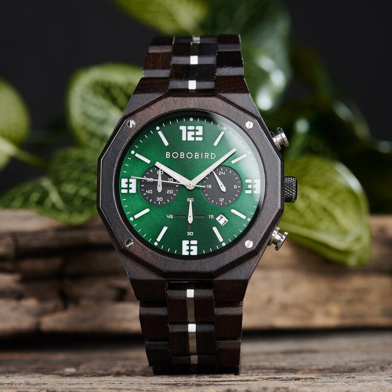 Montre en bois mouvement japonais vert – Image 3