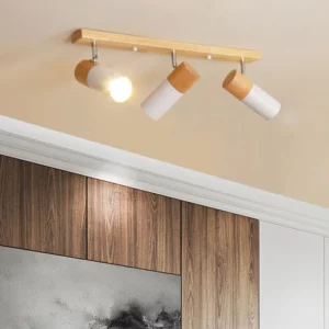 Plafonnier en bois à 3 projecteurs rotatifs blanc