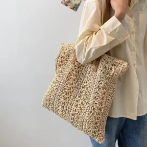 Sac en rotin carré beige – Image 3