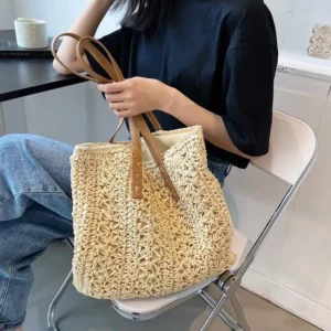Sac en rotin carré beige – Image 2