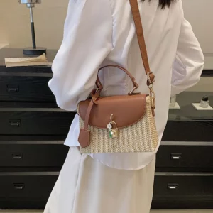Sac en rotin et cuir marron