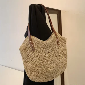 Sac en rotin tissé pour femme beige – Image 3