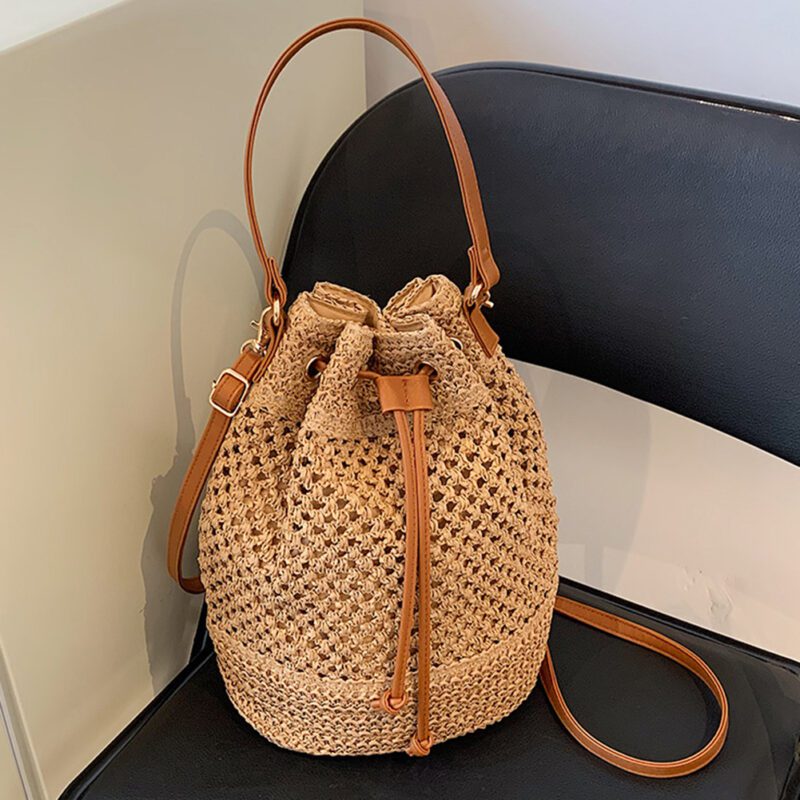 Sac en rotin rond marron – Image 3