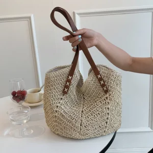 Sac en rotin tissé pour femme beige