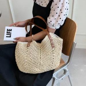 Sac en rotin tissé pour femme beige – Image 2