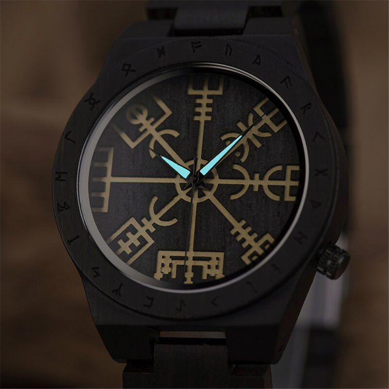 Montre en bois aiguilles lumineux noir – Image 2